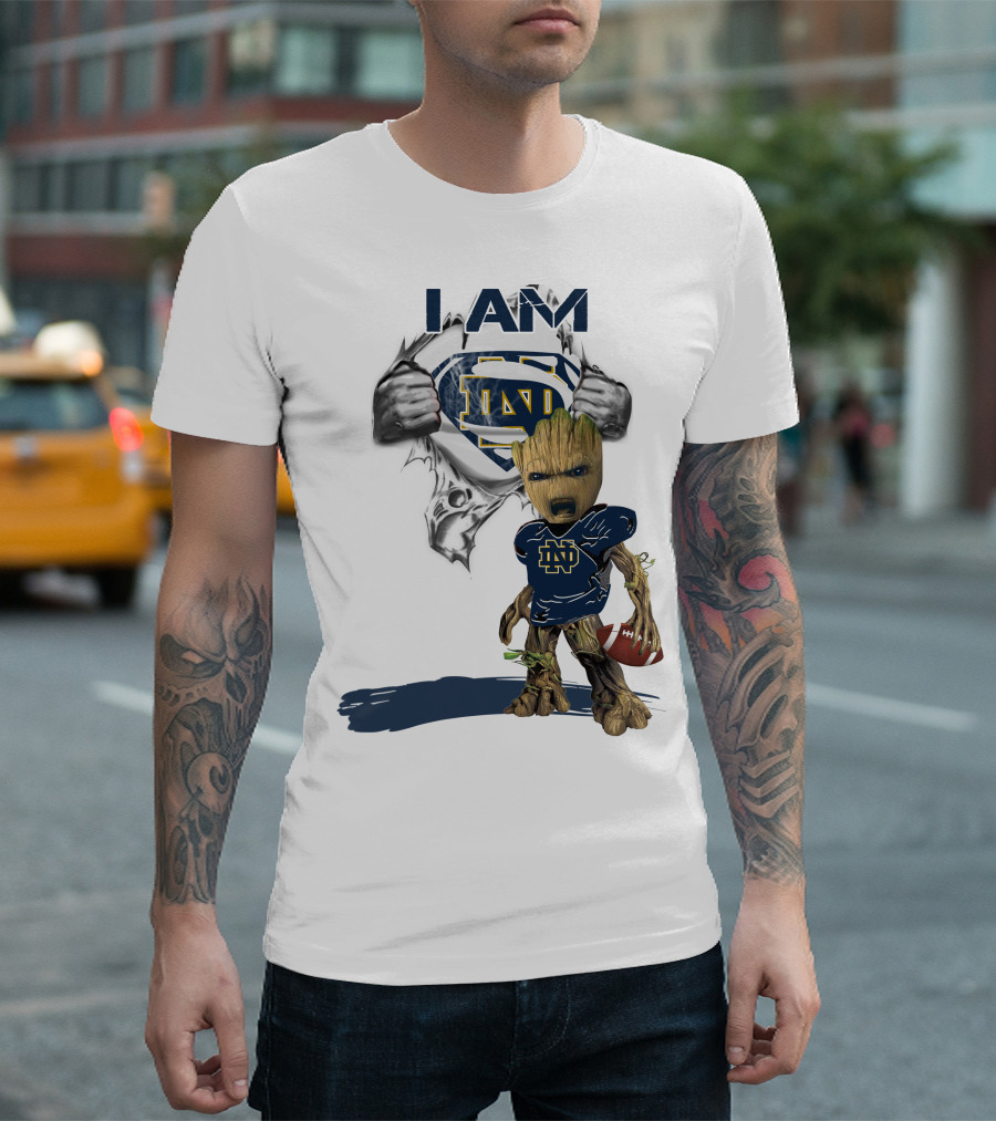 I Am Notre Dame ND Baby Groot Superman Football T-Shirt