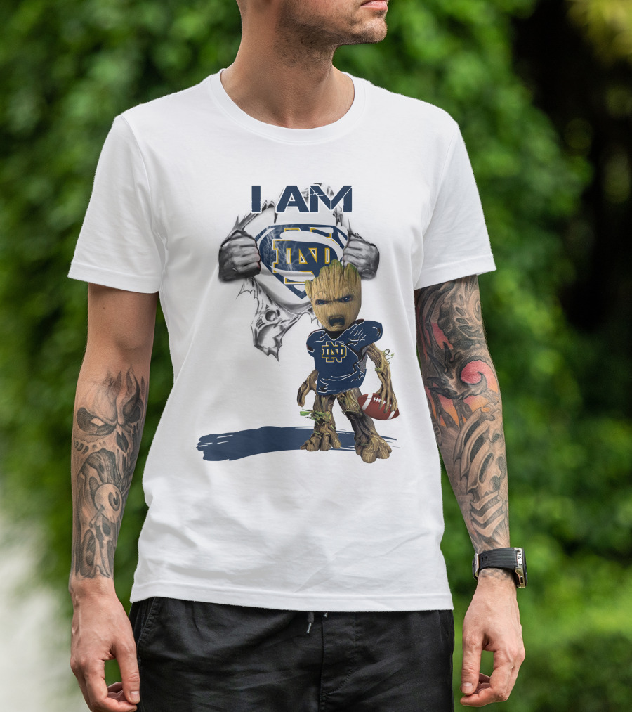 I Am Notre Dame ND Baby Groot Superman Football T-Shirt