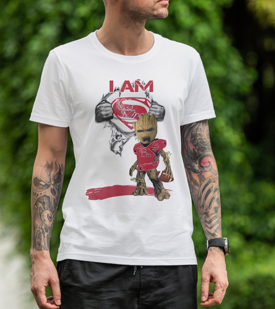 I Am Ole Miss Baby Groot Superman Football Player T-Shirt