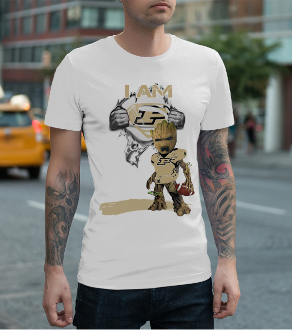 I AM Purdue Baby Groot With Football Superman T-Shirt