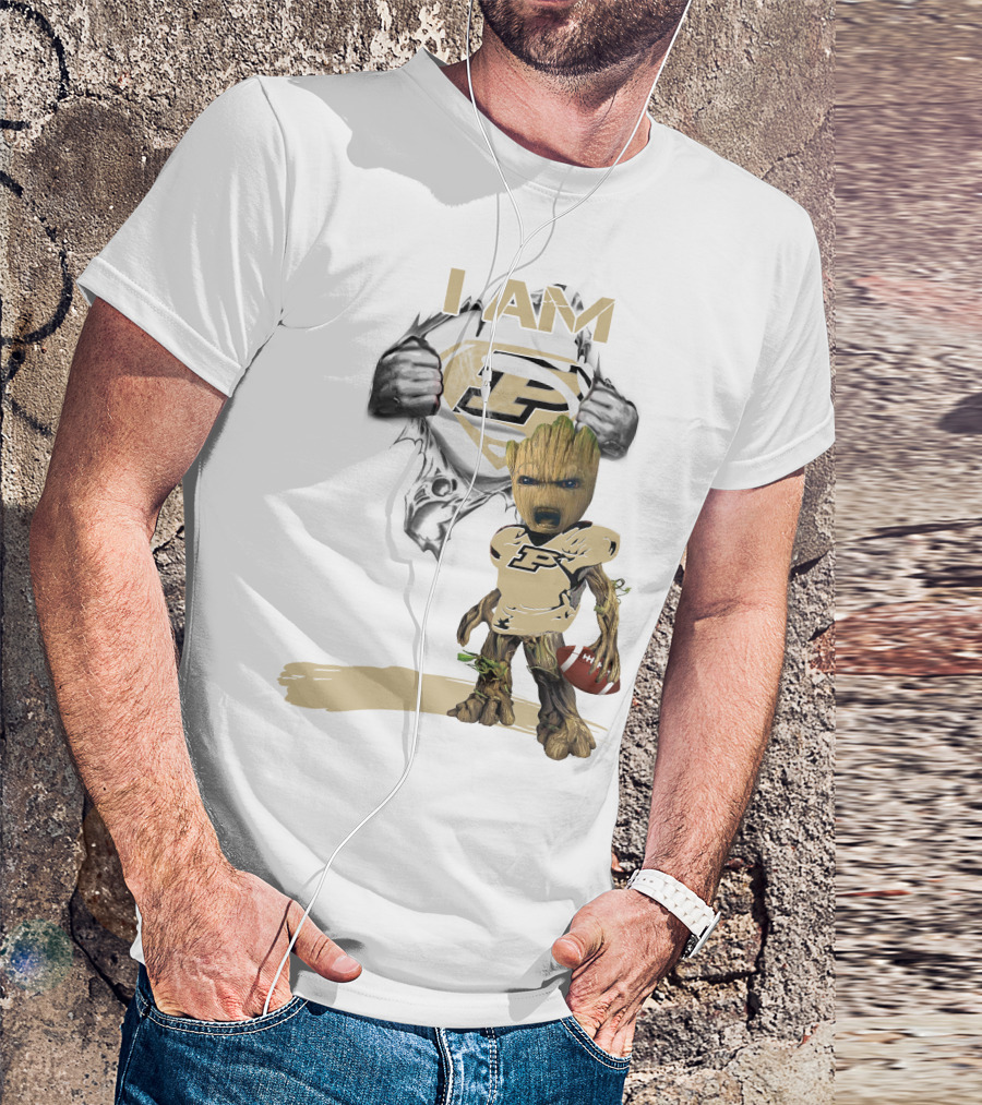I AM Purdue Baby Groot With Football Superman T-Shirt
