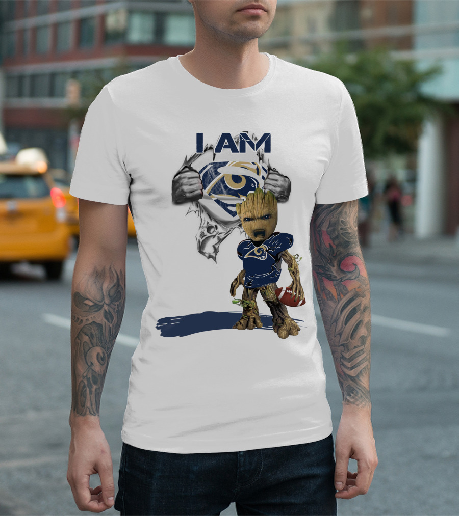 I AM Rams Baby Groot Superman Football Hero T-Shirt