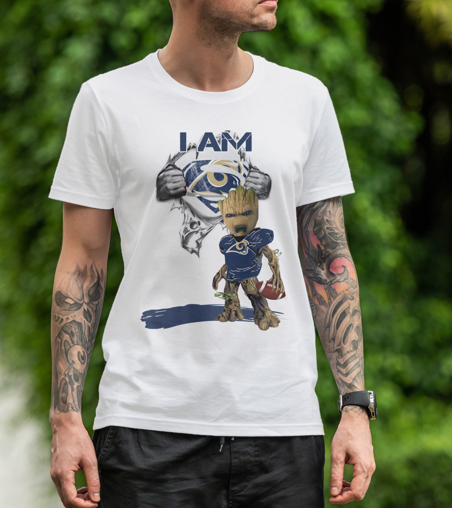 I AM Rams Baby Groot Superman Football Hero T-Shirt