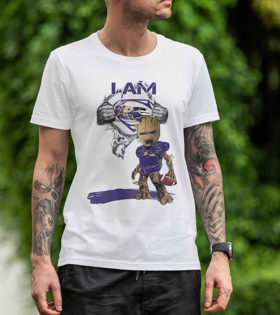 I Am Ravens Baby Groot Superman Football Ravens T-Shirt
