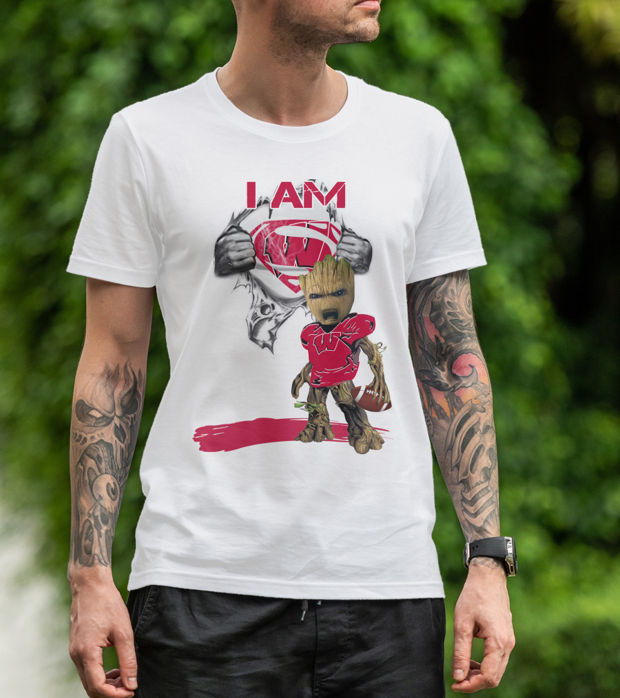 I Am Wisconsin Baby Groot Superman Football T-Shirt