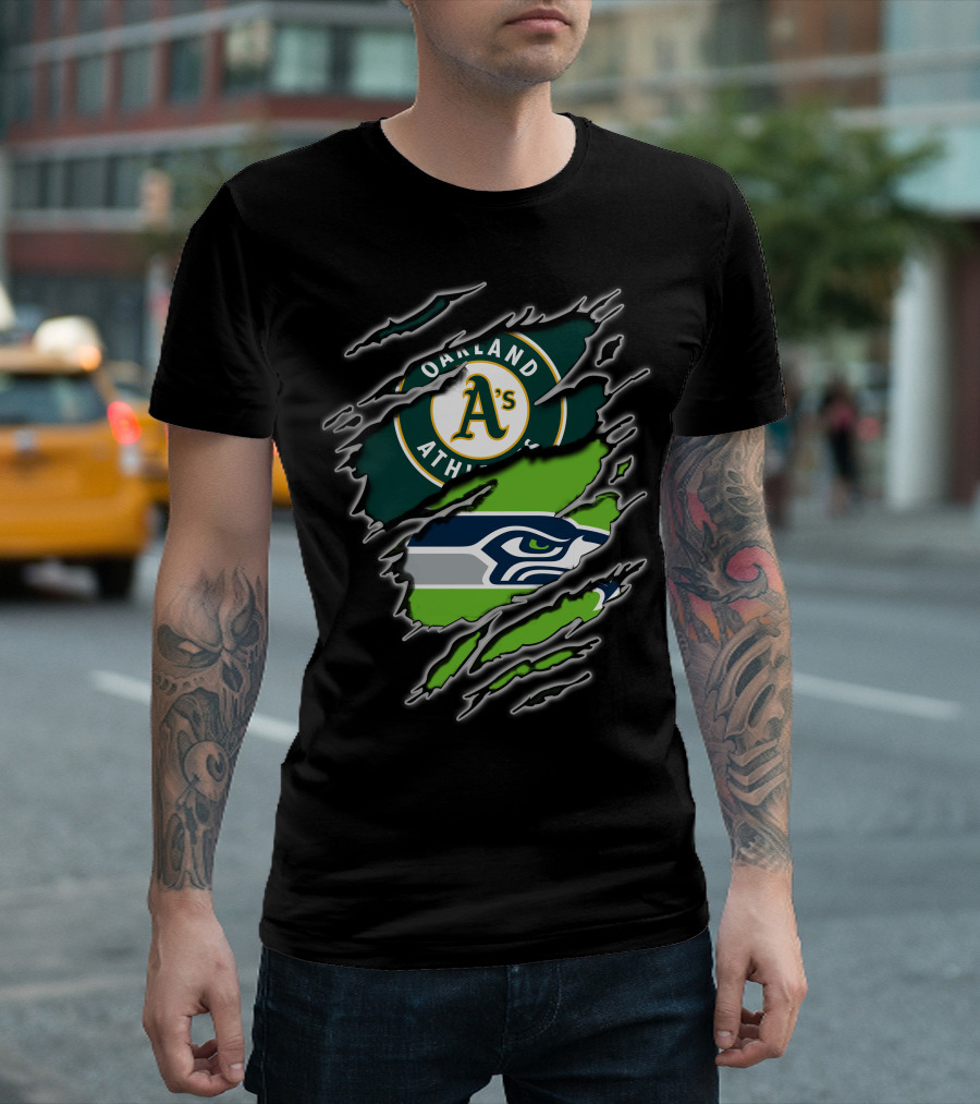 Oakland Athletics A's Seattle Seahawks Logo Split T-Shirt