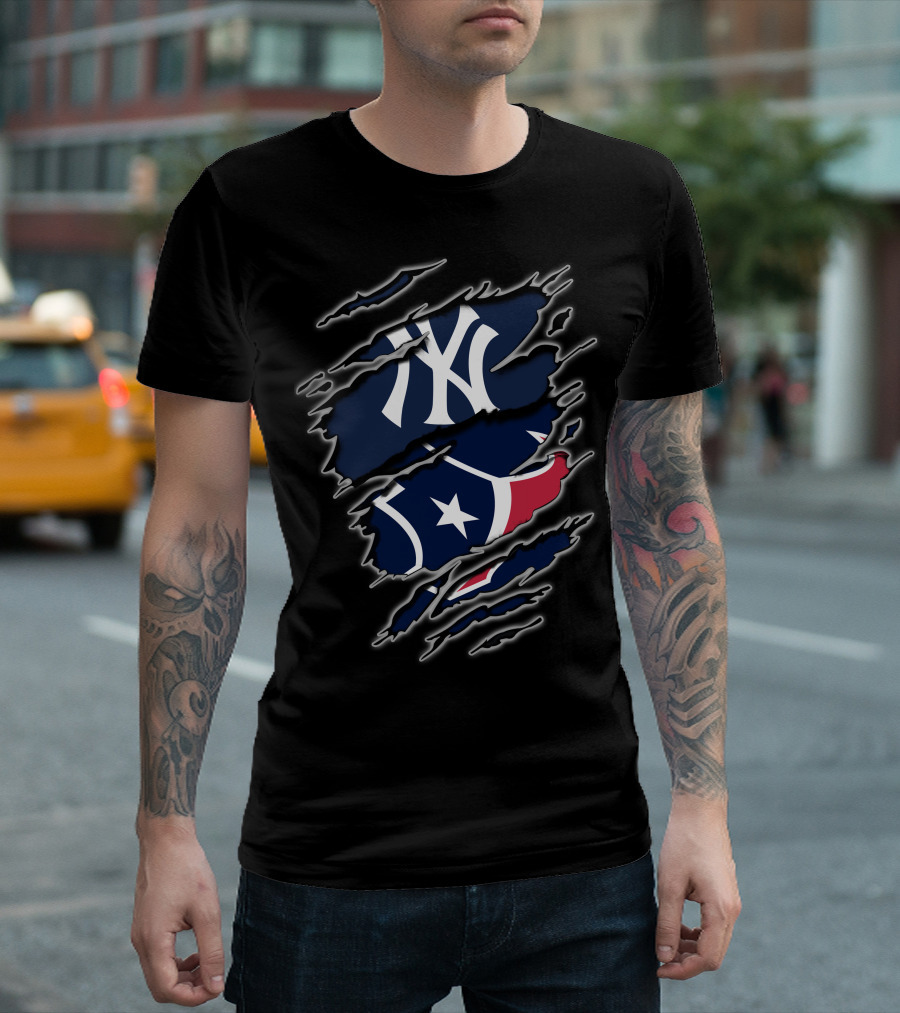 New York Yankees Houston Texans Logo Fusion T-Shirt