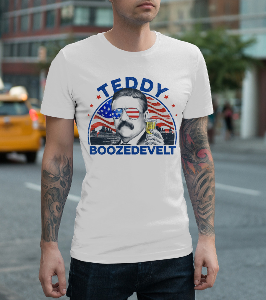 Teddy Boozedevelt Theodore Roosevelt Drink American Flag 4th of July Independence Day T-Shirt