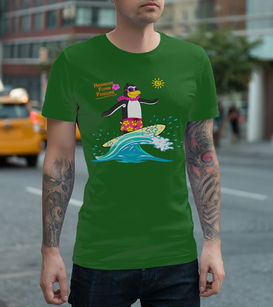 Hawaiian Flynn Penguin Surfing With Floral Lei And Sunglasses T-Shirt