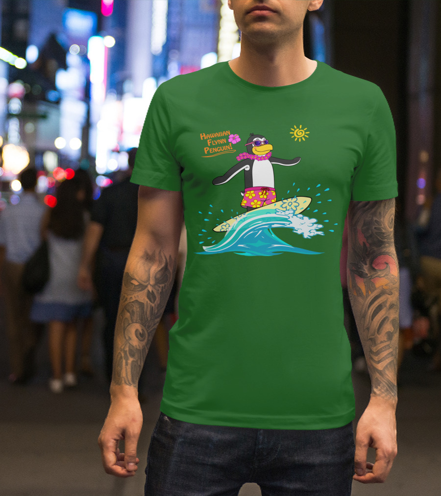 Hawaiian Flynn Penguin Surfing With Floral Lei And Sunglasses T-Shirt