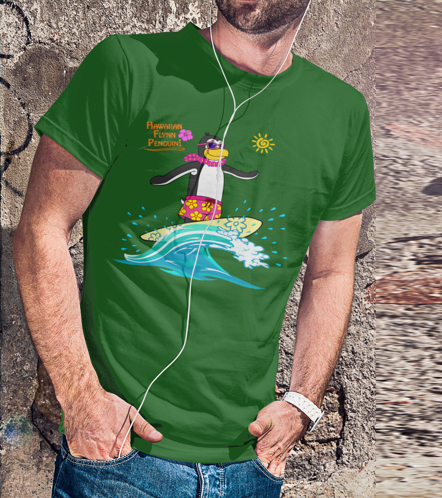 Hawaiian Flynn Penguin Surfing With Floral Lei And Sunglasses T-Shirt
