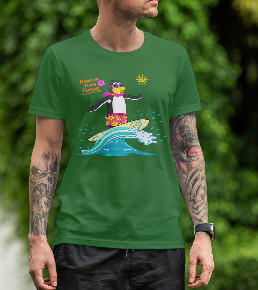 Hawaiian Flynn Penguin Surfing With Floral Lei And Sunglasses T-Shirt