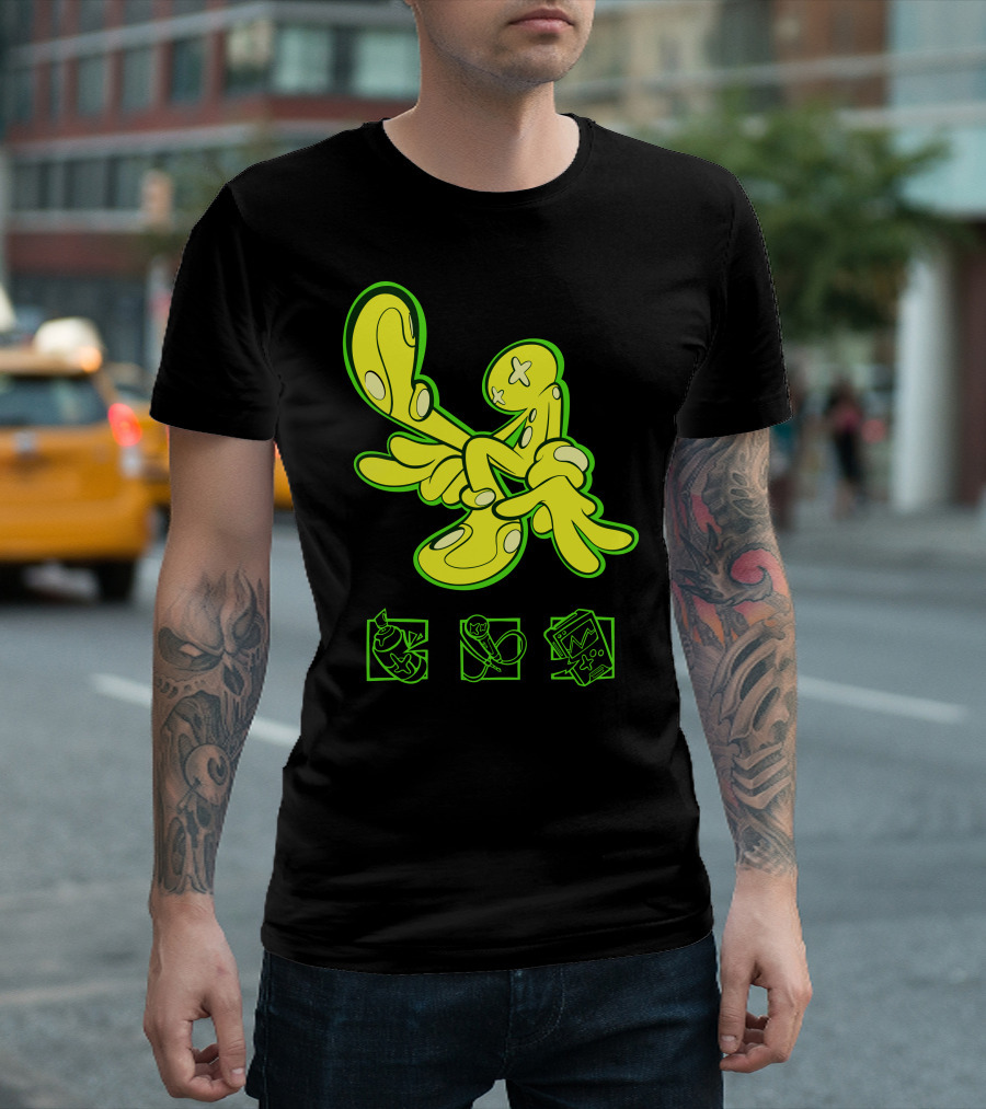 OFFCANNY Neon Cartoon Figure with Iconic Symbols T-Shirt