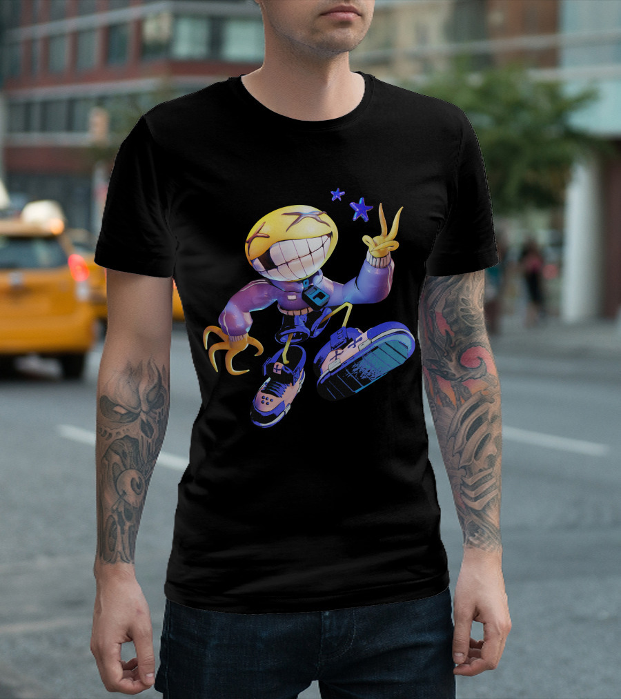 OFFCANNY Smile Face Character with Sneakers and Peace Sign T-Shirt