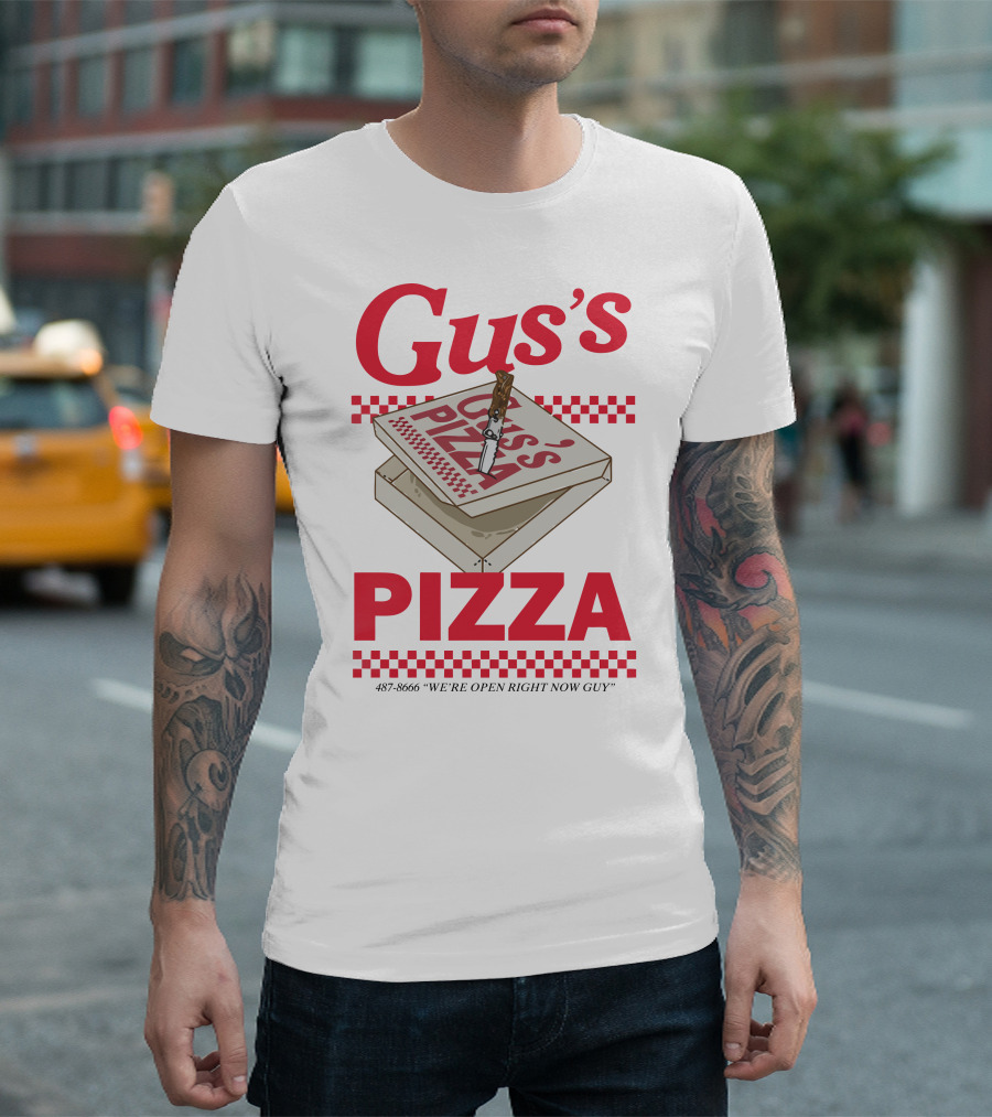 Gus's Pizza Box Knife 487-8666 We're Open Right Now Guy T-Shirt