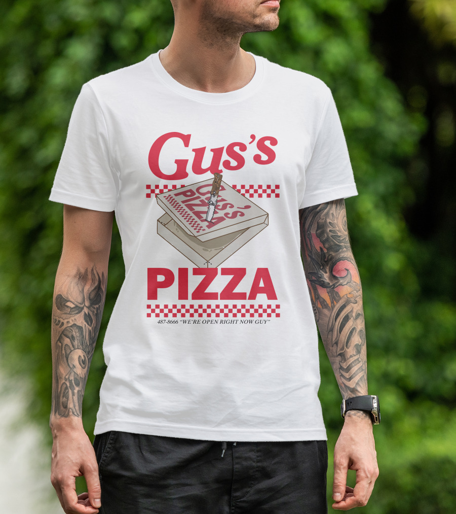 Gus's Pizza Box Knife 487-8666 We're Open Right Now Guy T-Shirt