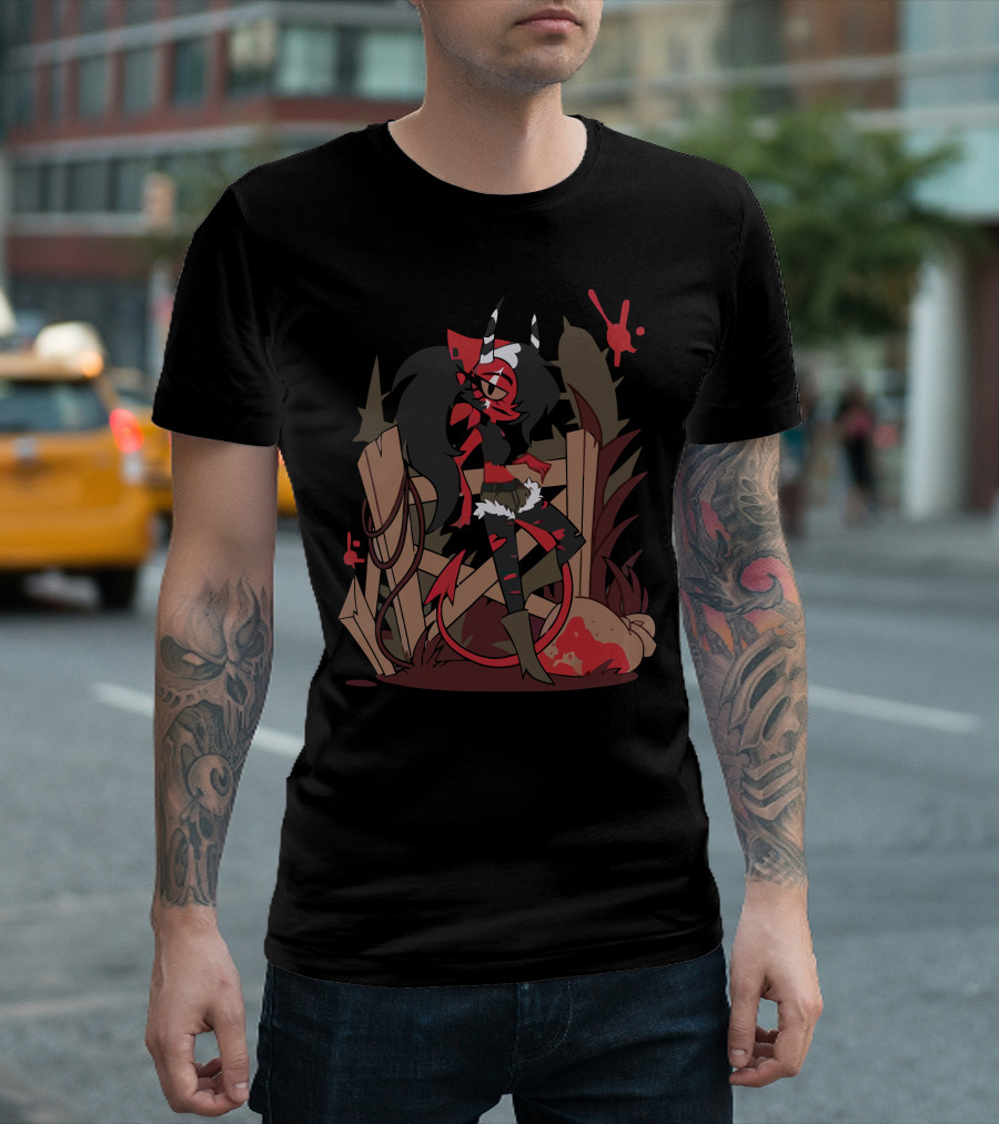 Helluva Boss Character Sitting on Fence with Bag and Red T-Shirt