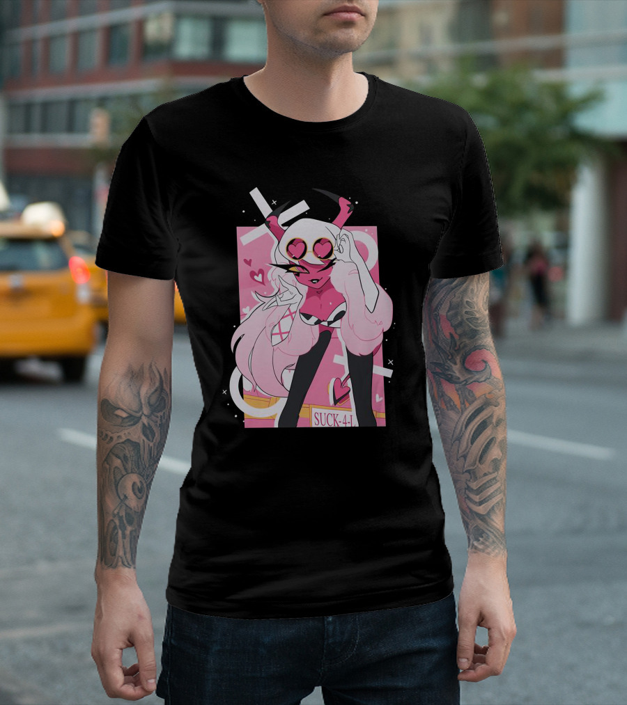 Helluva Boss Mrs Mayberry Suck-4-L<3 Hearts Pink and White Demon Character T-Shirt