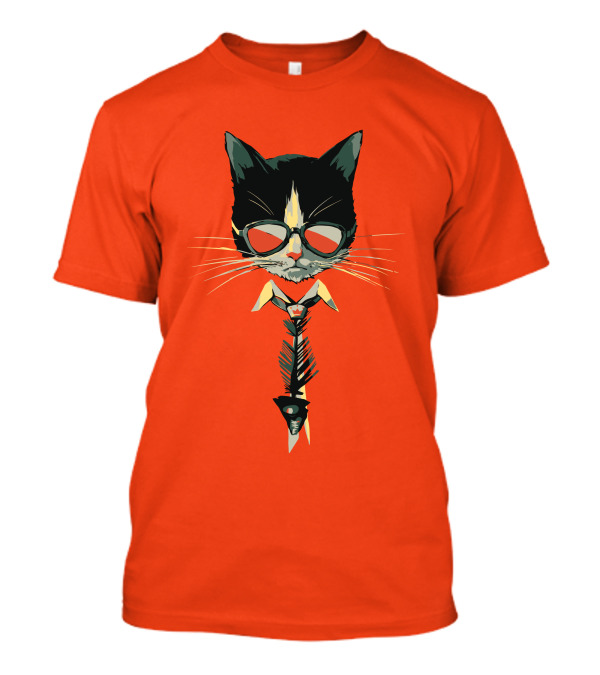 Bibisama CAT With Sunglasses And Fish Skeleton Tie T-Shirt