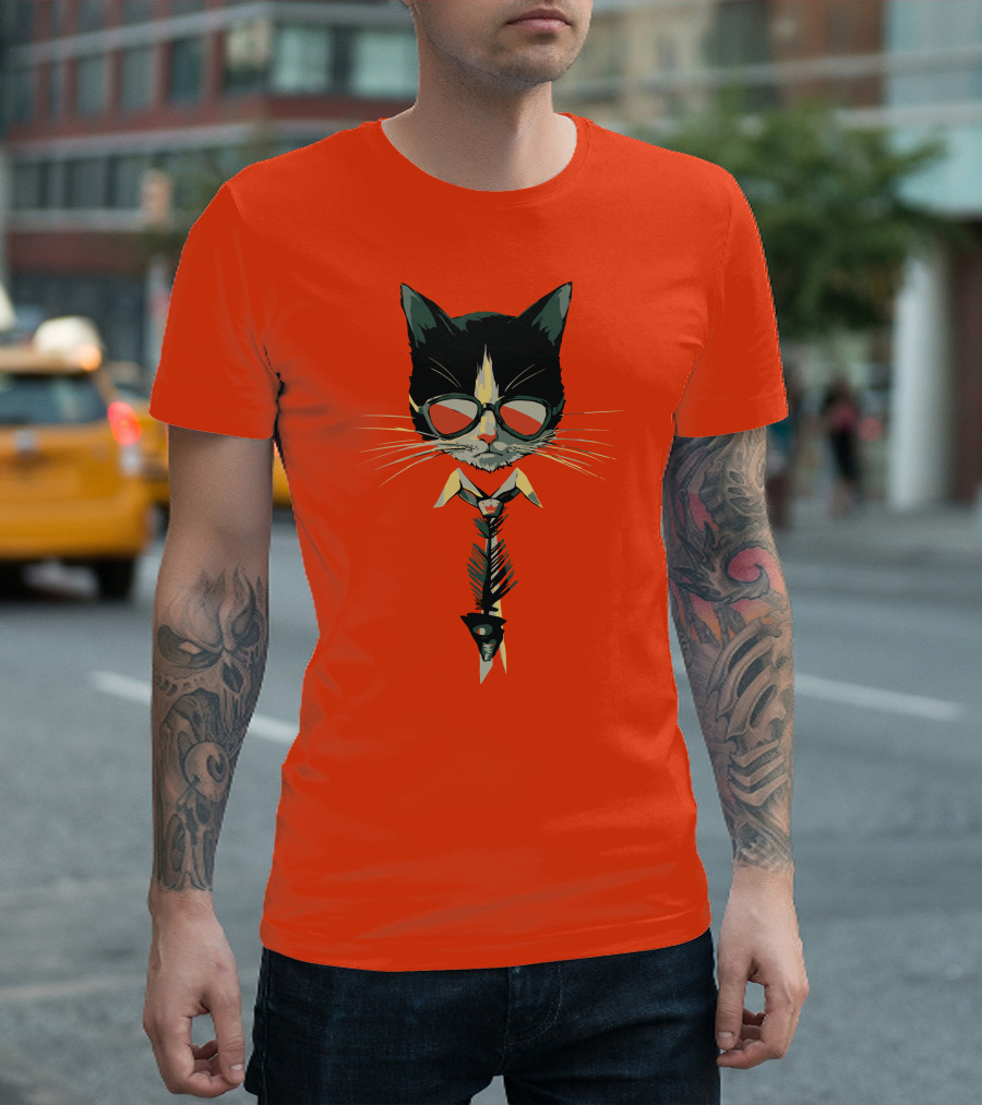 Bibisama CAT With Sunglasses And Fish Skeleton Tie T-Shirt