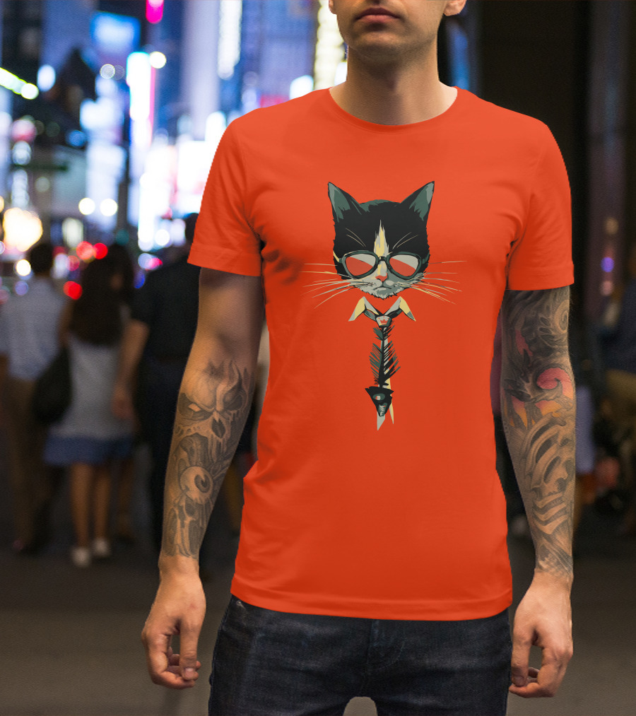 Bibisama CAT With Sunglasses And Fish Skeleton Tie T-Shirt