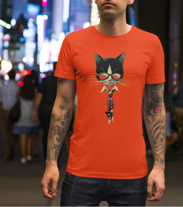 Bibisama CAT With Sunglasses And Fish Skeleton Tie T-Shirt