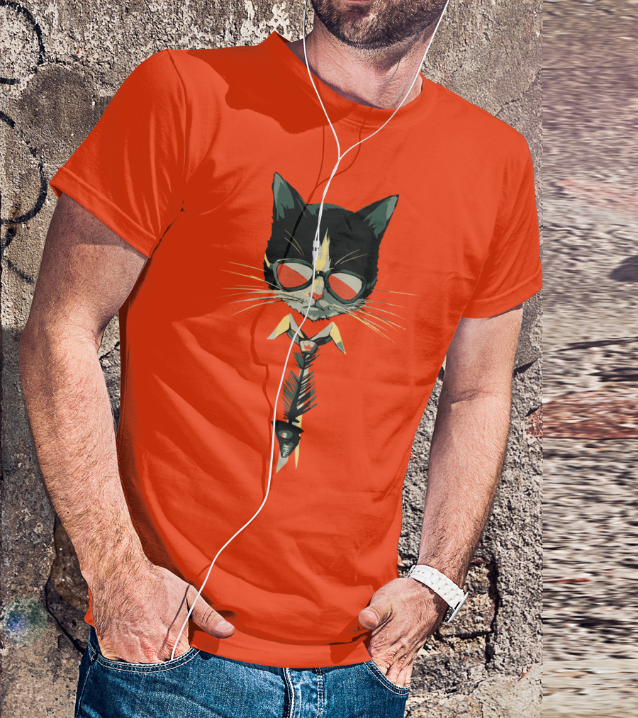 Bibisama CAT With Sunglasses And Fish Skeleton Tie T-Shirt