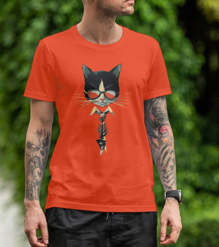 Bibisama CAT With Sunglasses And Fish Skeleton Tie T-Shirt