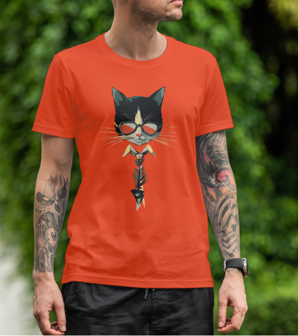 Bibisama CAT With Sunglasses And Fish Skeleton Tie T-Shirt