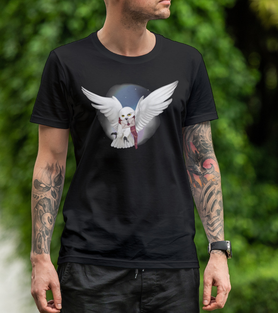 Snowy White Owl With Letter And Red Scarf In Starry Sky T-Shirt