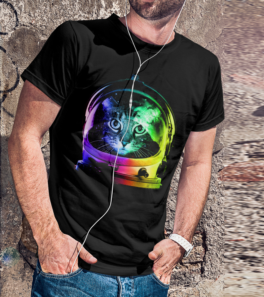 Astronaut Cat Classic Funny Cat In Space Helmet With Rainbow Glow T-Shirt