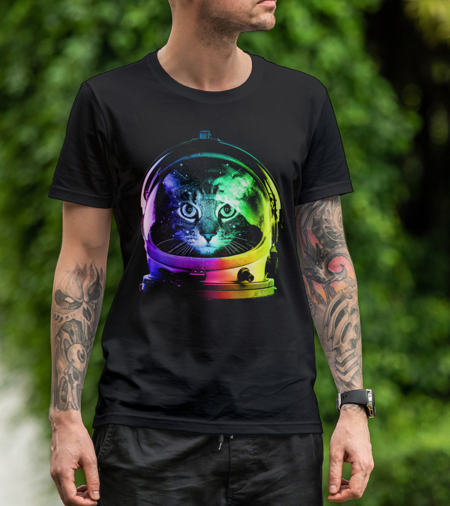 Astronaut Cat Classic Funny Cat In Space Helmet With Rainbow Glow T-Shirt