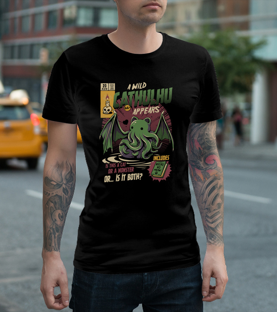 A Wild Cathulhu Appears Cat Or Monster Includes Necro No Meow T-Shirt
