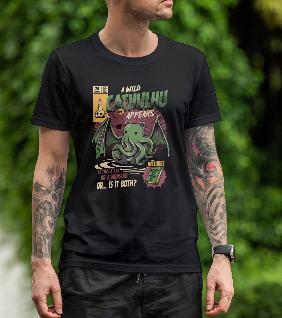 A Wild Cathulhu Appears Cat Or Monster Includes Necro No Meow T-Shirt