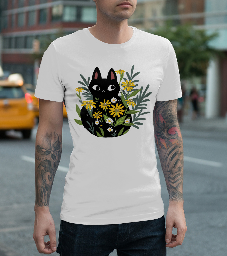 Black Cat with Flowers Essential Cute Funny Cat Illustration Floral T-Shirt