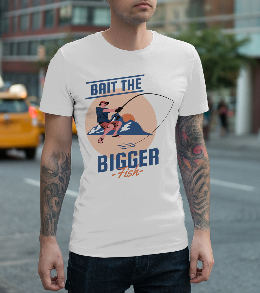 Bait the Bigger Fish Angler Adventure with Fishing Rod and Mountain Sunset T-Shirt