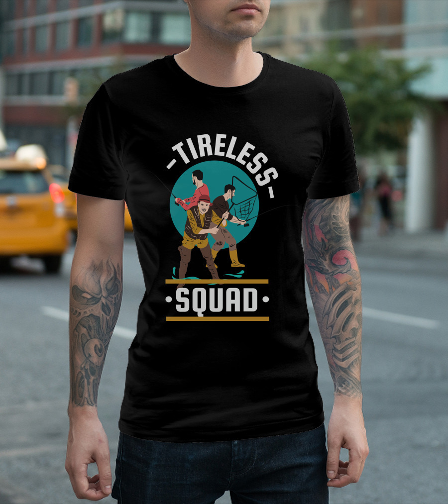 Tireless Fishing Enthusiasts with Nets and Rods T-Shirt