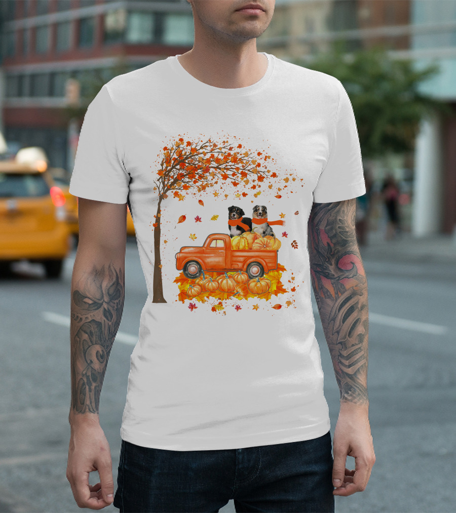 Australian Shepherds with Pumpkins on Orange Truck in Autumn Scene T-Shirt