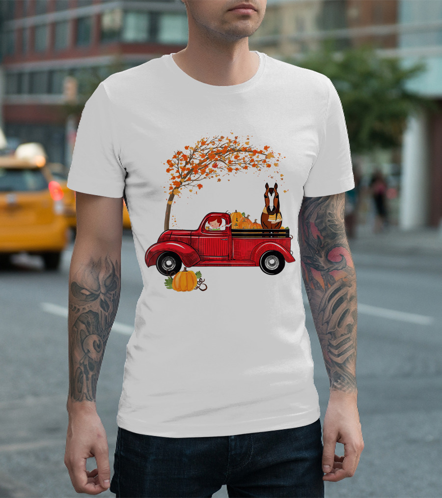 Autumn Fall Season Red Truck Horse Pumpkins Thanksgiving Day T-Shirt