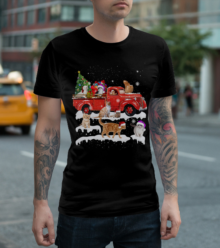 Merry Christmas Cat Riding Red Truck with Kittens and X mas Tree T-Shirt