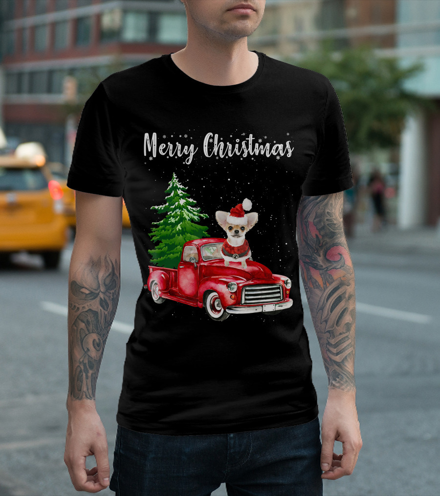 Merry Christmas Chihuahua with Santa Hat Riding Red Truck and Christmas Tree T-Shirt