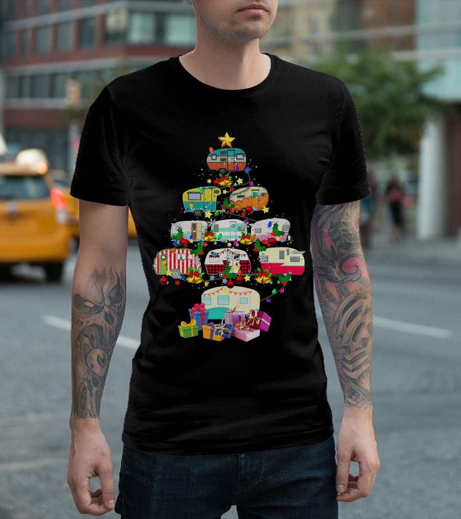 Christmas Camping Lover X Mas Camper Tree with Trucks and Gifts T-Shirt