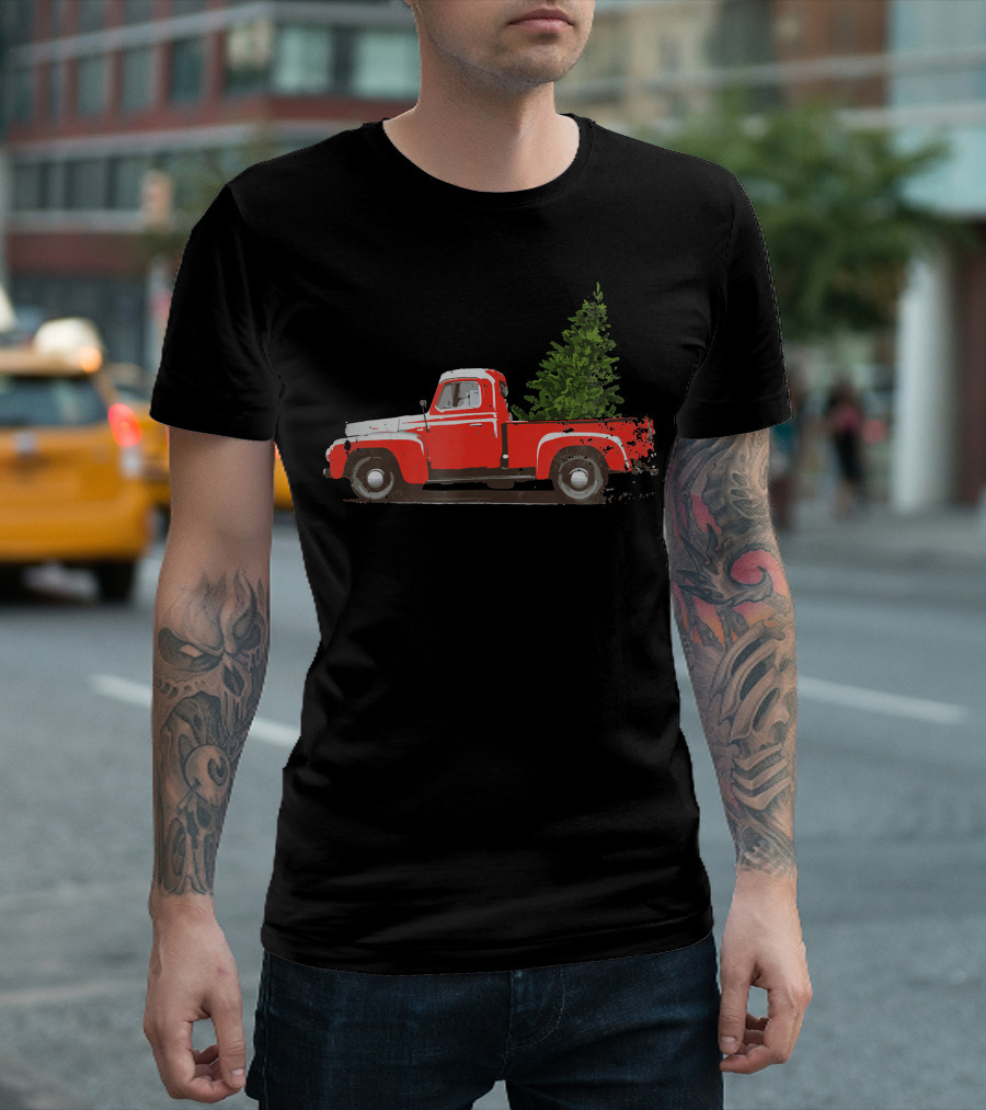 Classic Red Pickup Truck with Christmas Tree T-Shirt