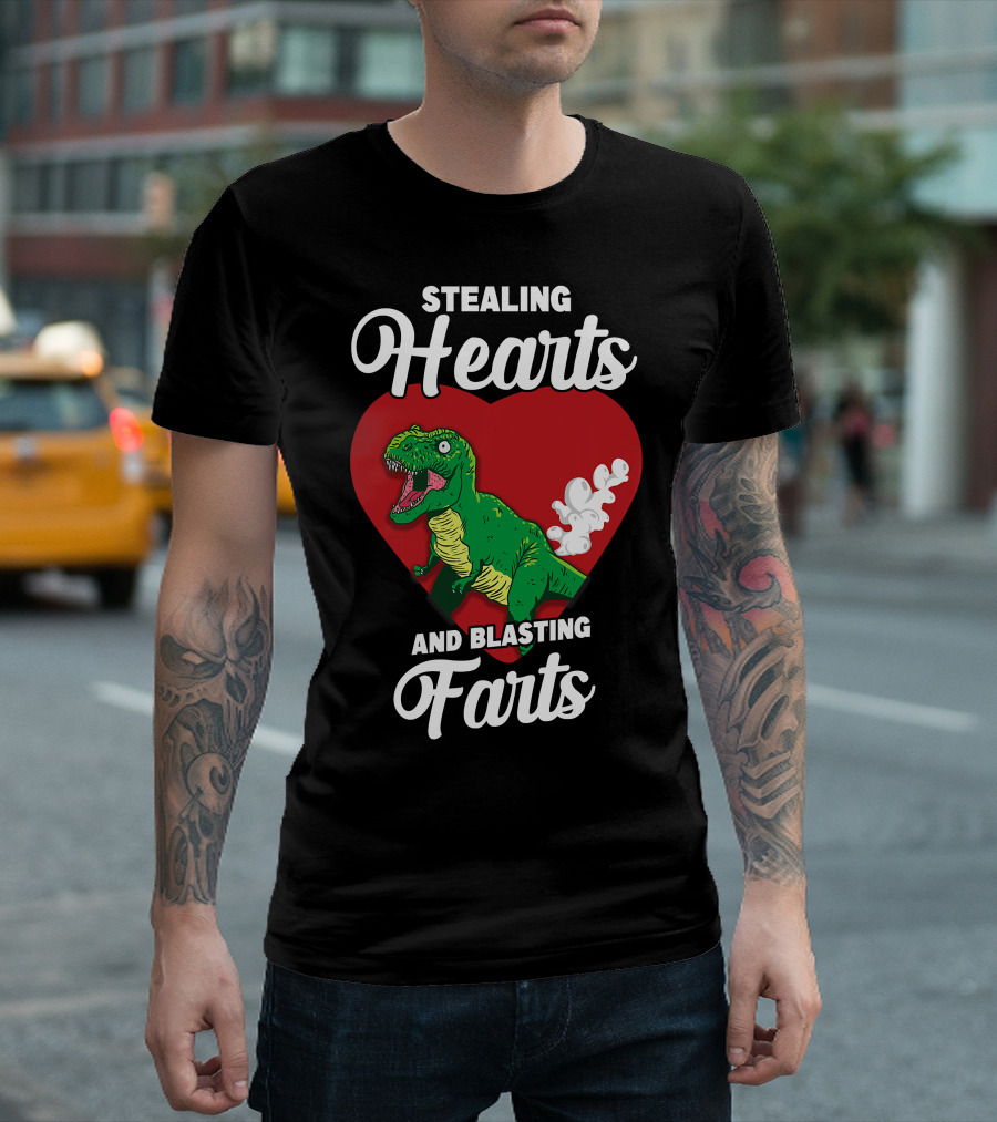 Stealing Hearts and Blasting Farts Dinosaur in Red Heart T-Shirt