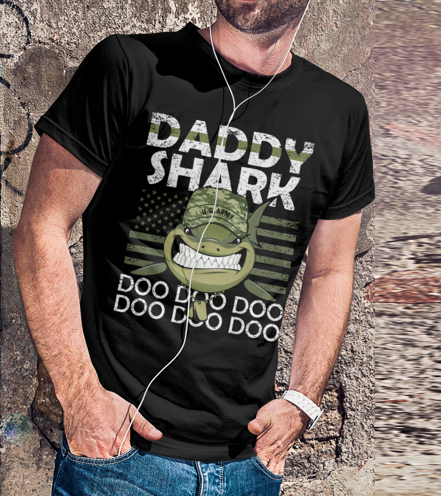 U.S. Army Daddy Shark Doo Doo Doo With American Flag And Military Hat T-Shirt