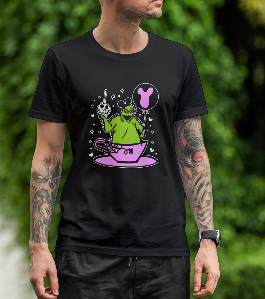 Oogie Boogie In Pink Tea Cup With Mickey Ears Balloon And Spider Details T-Shirt