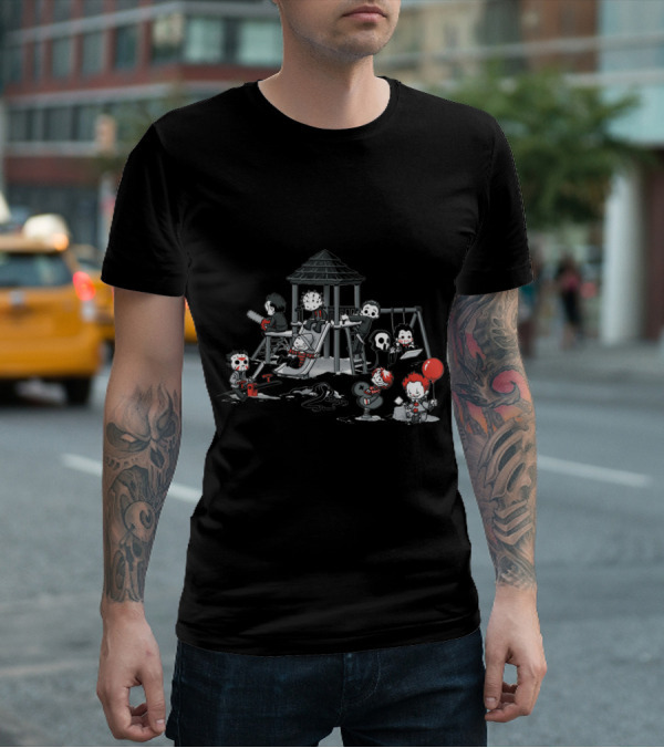 Playground Of Horror Characters In Creepy Swing Set Scene T-Shirt