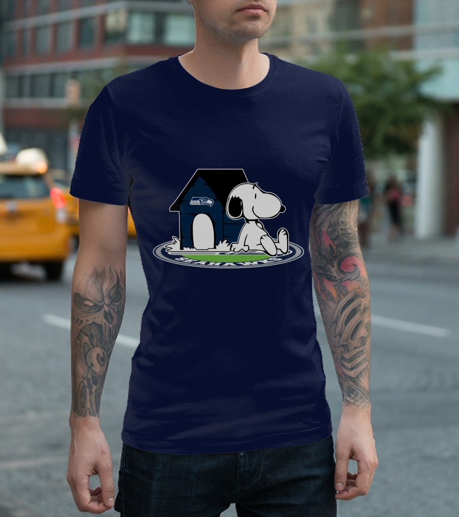 Seattle Seahawks Fan Forever With Snoopy Sitting By Doghouse T-Shirt