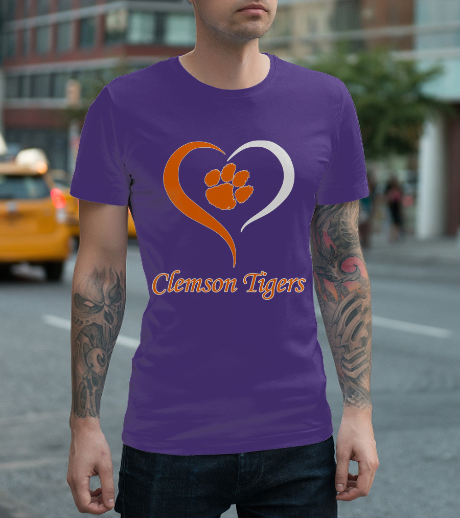 Clemson Tigers Heart Paw Print Purple and Orange T-Shirt