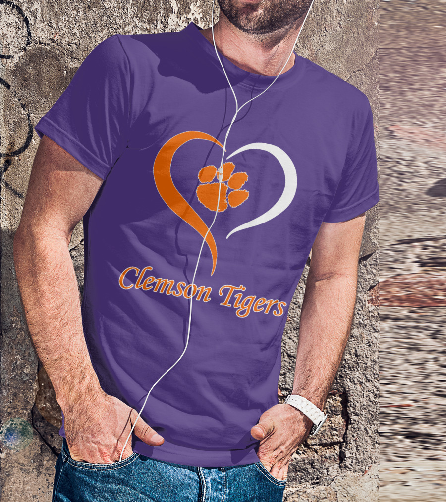 Clemson Tigers Heart Paw Print Purple And Orange T-Shirt